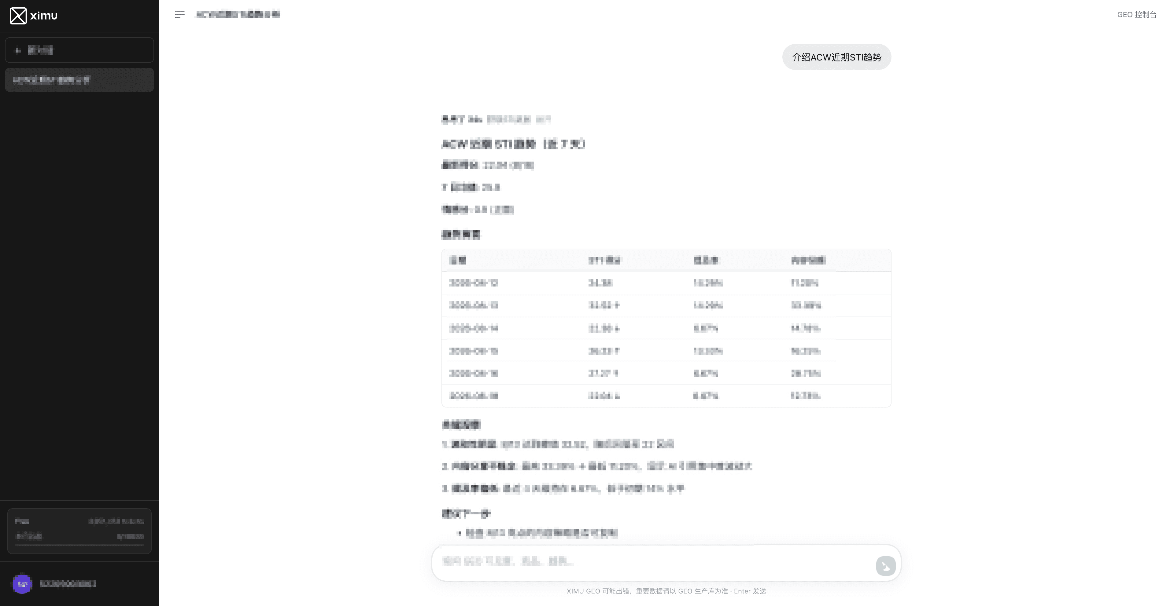 ximu Agent — 在 GEO 控制台以对话协助分析趋势与执行优化